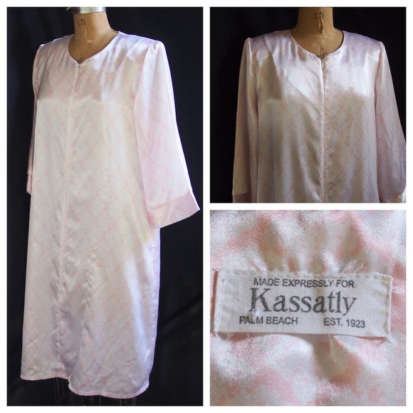 Kassatly Palm Beach Other - vtg KASSATLY Palm Beach Pink Floral Zip Up Satin Glam Lounge Robe Caftan Dress S
